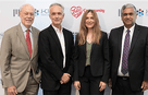 James Collins and Regina Barzilay (center) were named as inaugural faculty co-leads of the Abdul Latif Jameel Clinic for Machine Learning in Health, (Jameel Clinic), by Anantha Chandrakasan (right), Dean of MIT School of Engineering and Jameel Clinic Chair with Prof. Philip Sharp (left) Chair of the Clinic’s advisory Board – October 2018.